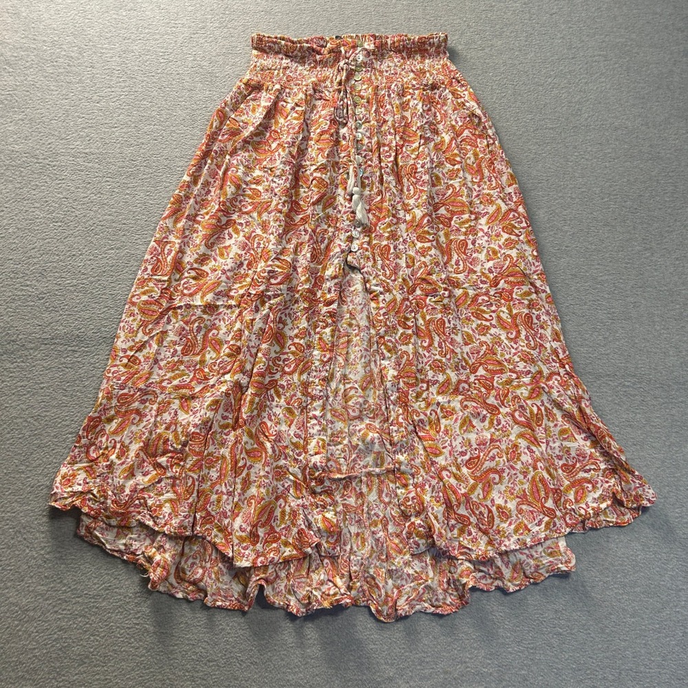 Rachel Zoe Maxi Skirt Womens L Boho Paisley Floral Tiered Smocked Waist Tassel